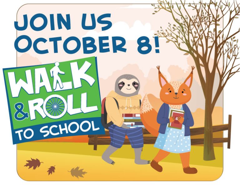 Illustration of a sloth and a fox walking to school in autumn with trees and leaves in the background. The sloth is wearing a hoodie and backpack, and the fox is carrying books. Large text reads, “Join us October 8! Walk & Roll to School.”